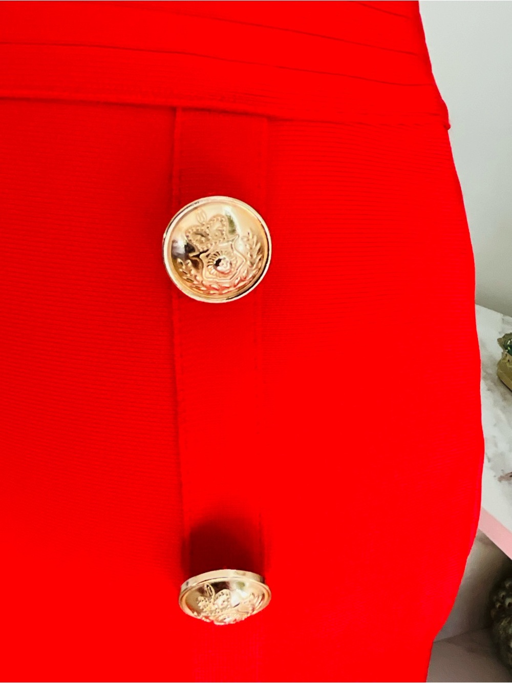 Red Gold Button Pencil Skirt - Picture 4 of 14